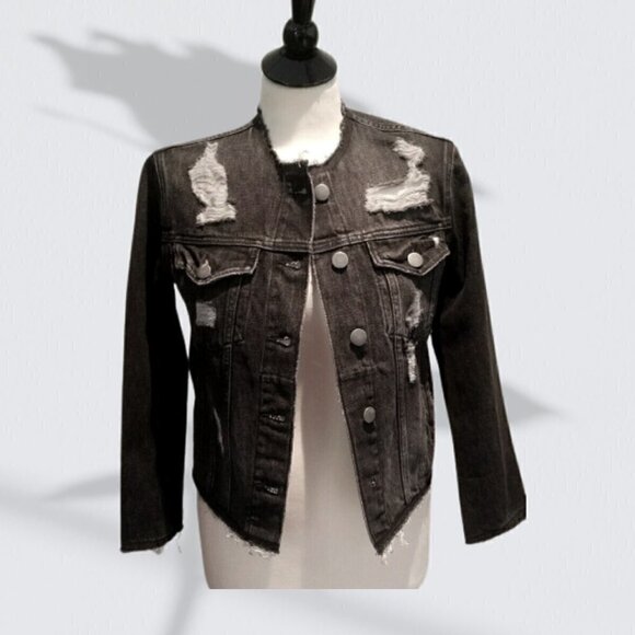 Frane Jackets & Blazers - Women's FRAME Raw Edge Distressed Destroyed Denim Jacket (Gaven)  Black Size XS